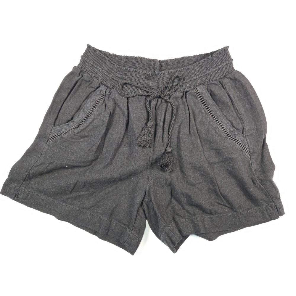Linen Blend Shorts Size Small Black Smocked Waist Tassel Tie Pockets Resort Wear